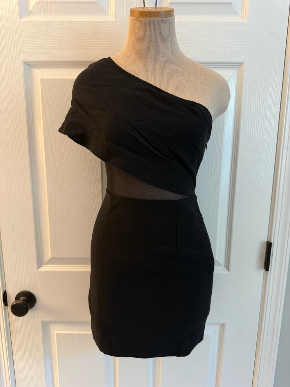 Superdown One-Shoulder Black Mesh-Accent Bodycon Dress S